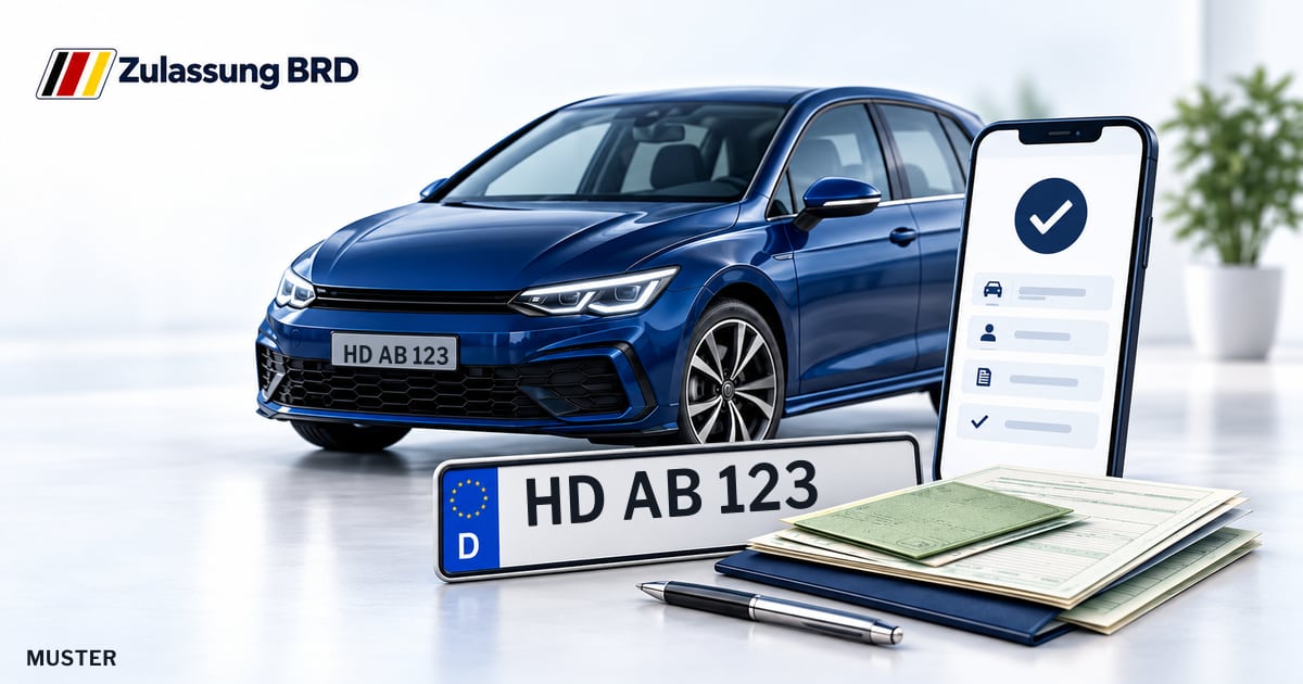Online Fahrzeugzulassung in Wiesloch: Musterkennzeichen HD AB 123, Auto und Fahrzeugpapiere und Smartphone. Illustration mit Logo von Zulassung BRD.